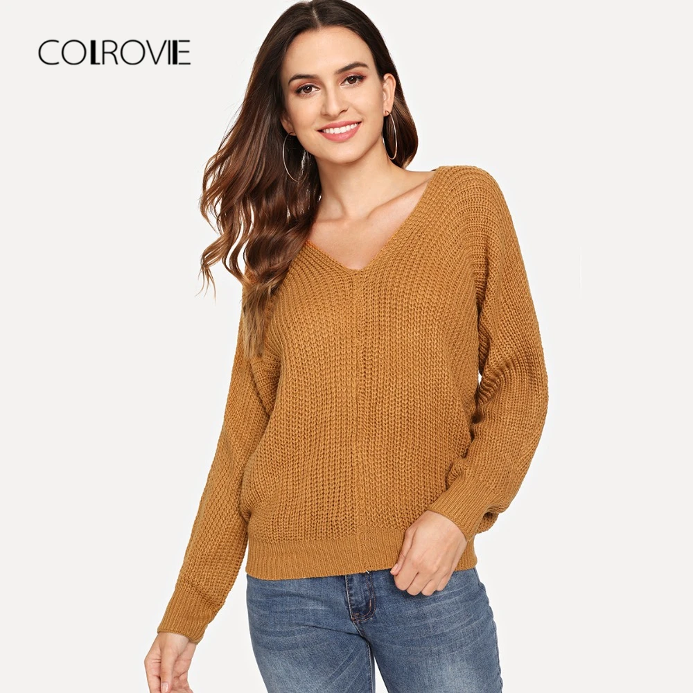 COLROVIE, розовый, крест-накрест, v-образный вырез, массивный, вязаный, Повседневный, женский свитер,, осень, однотонный, хаки, свитер, серый, пуловеры, джемпер
