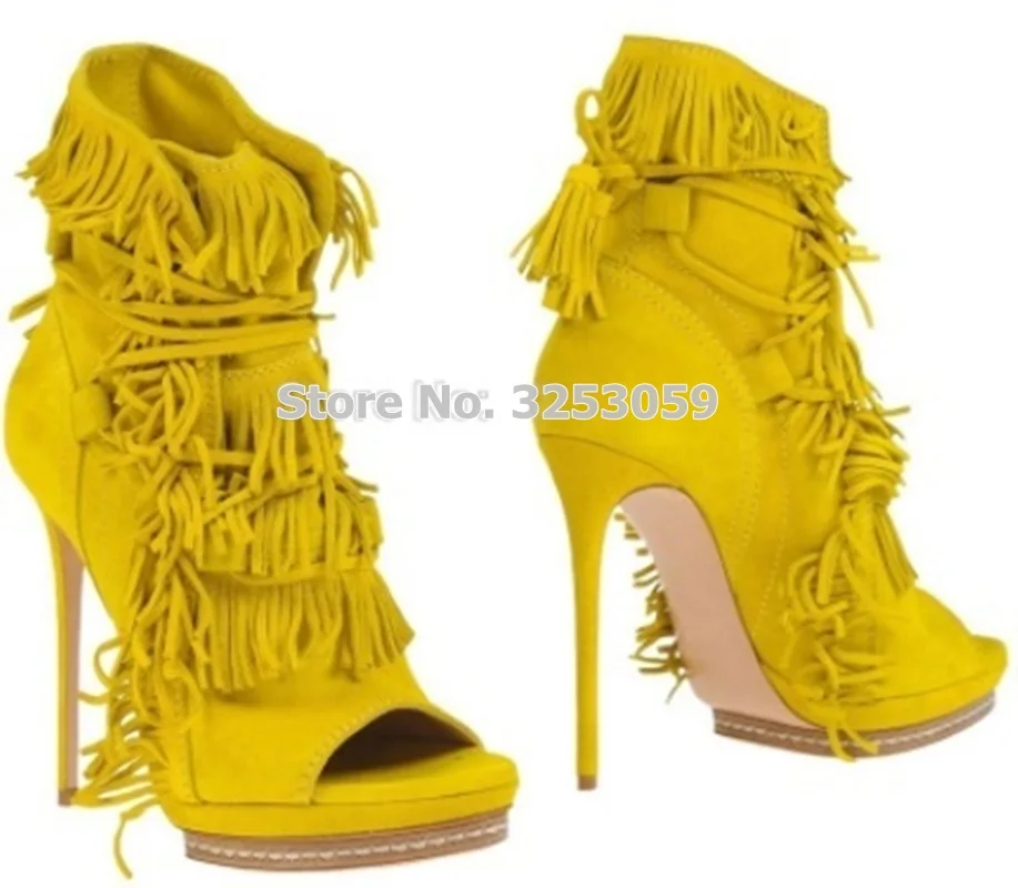 

ALMUDENA Sexy Yellow Blue Suede Fringe Sandals Lace-up Layers Open Toe Tassel Party Shoes Celebrity Thin High Heel Banquet Shoes