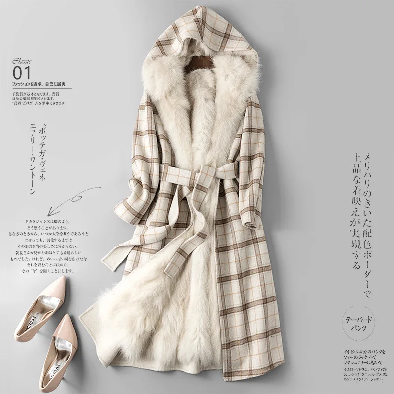 Женское пальто средней и длинной длины из лисьего меха с внутренним желчным