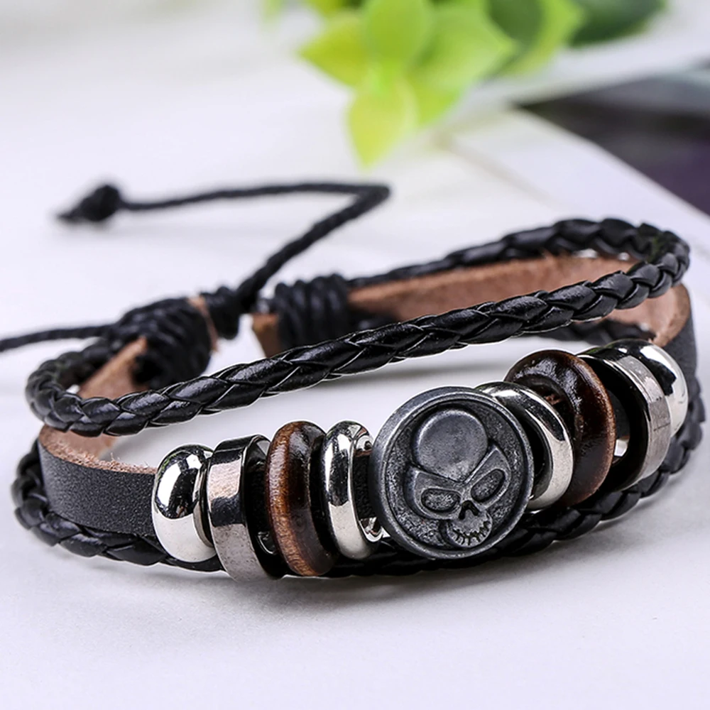 Кожаный браслет Octbyna в стиле панк с черепом из бисера амулеты и браслеты для
