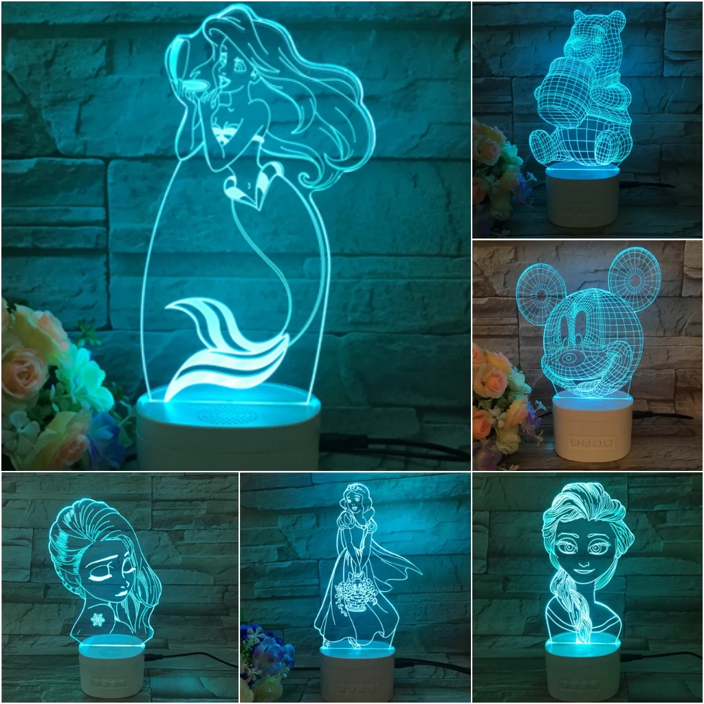 Usb светодиодный 3d-ночник Мультфильм Принцесса Королева Эльза Белоснежка Русалочка Микки фигурка медведя автономный bluetooth-динамик 3d лампа
