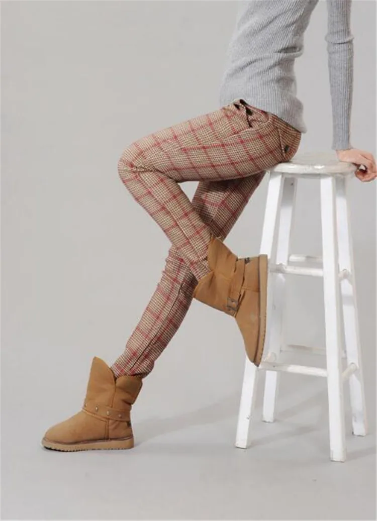 Женские клетчатые брюки с высокой талией бархатные плотные повседневные