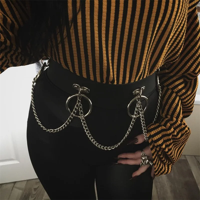 InstaHot черный PU женский пояс с цепью и кольцами ремень женские аксессуар