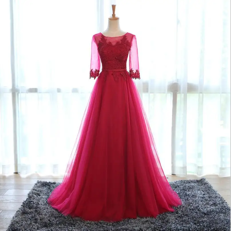 wine red Robe De Soiree бордовое Красное Кружевное сексуальное длинное вечернее платье с открытой спиной Элегантные вечерние платья длиной до пола с рукавом три четверти - Цвет: wine red