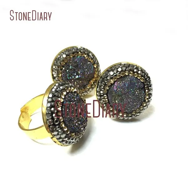 

5Pcs Titanium Rainbow Druzy Crystal Gun Metal Rhinestone Pave Circle Ring Copper Ring Online Adjustable RM1556