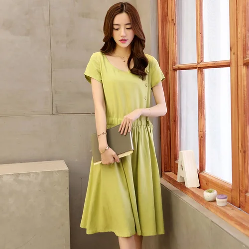 Кружевное платье из хлопка и льна для девочек однотонное средней длины с