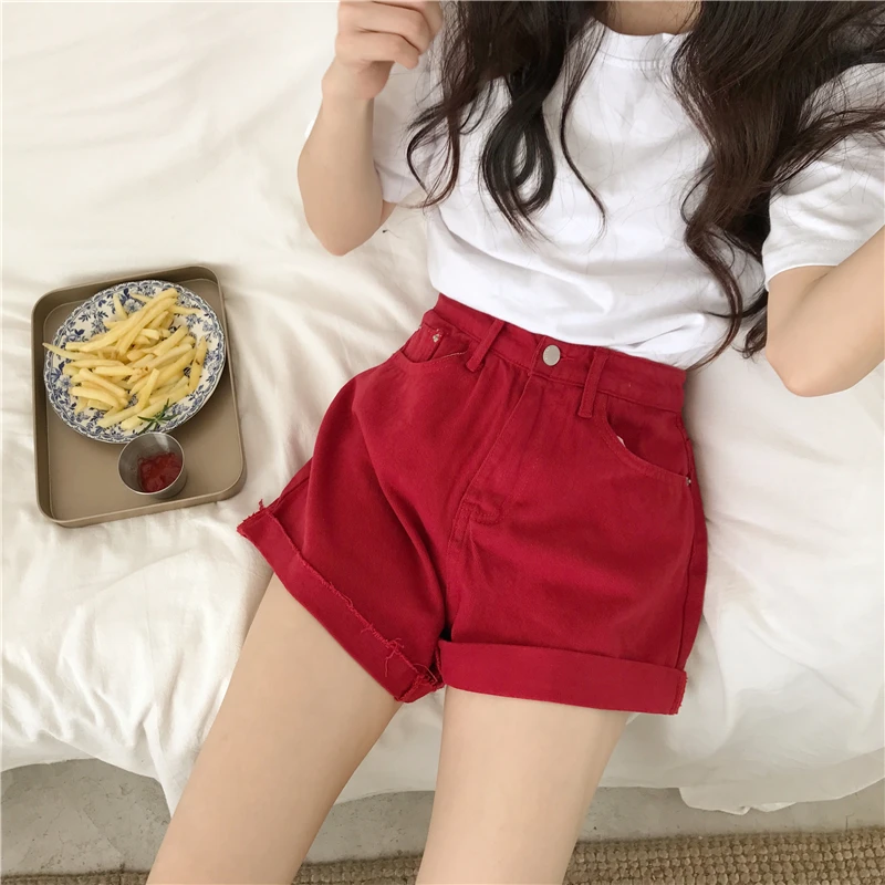 PLAMTEE одноцветное Цвет красный свернувшись Джинсовые шорты для Для женщин Мода 2018