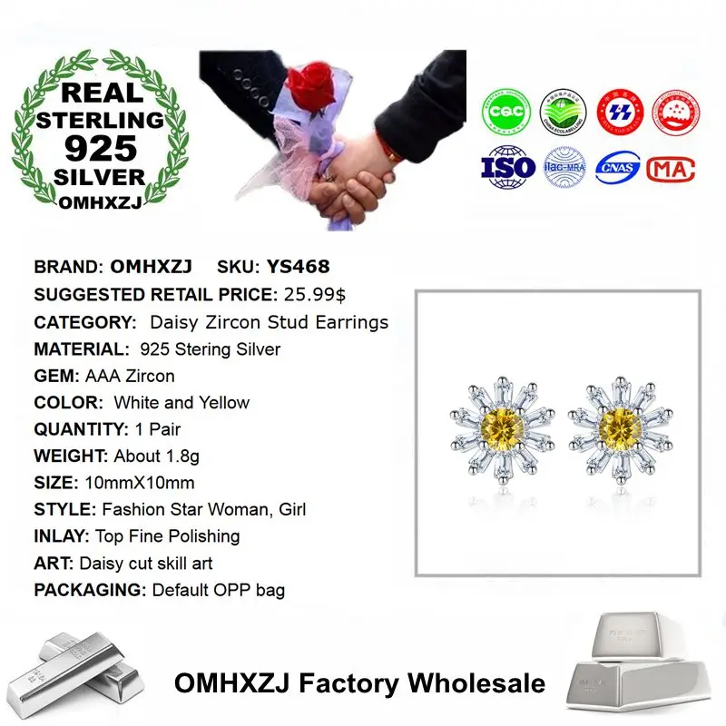 OMHXZJ Wholesale Personality Fashion Sweet Woman Girl Gift White &amp Yellow Sakura Daisy 925 Sterling Silver Stud Earrings YS468 |