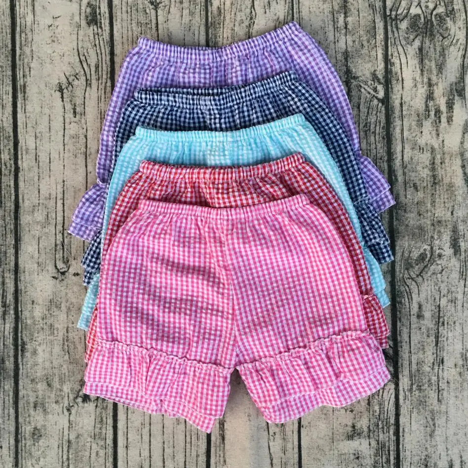 

Children's Seersucker Shorts Boutique Girls Cotton Candy Color Double Ruffles Shorts For Kids Wholesale