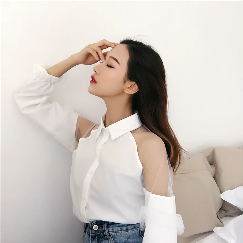 WHITNEY WANG 2019 Spring Fashion Streetwear Sexy See Through Mesh Patchwork Blouse Women blusas Shirt Tops |