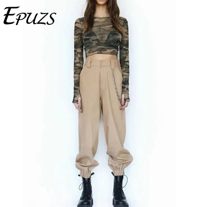 

Брюки-карго для девочек, с цепочкой, военные, камуфляжные, с высокой талией, женские тренировочные штаны, штаны для бега, камуфляжные, улична...