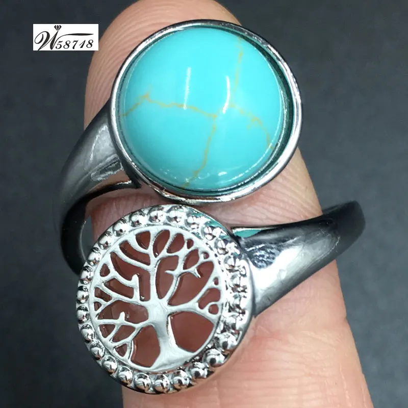 Howlite MC7615 Тигровый глаз лазурит авантюрин Howlite Кристалл Jaspe Синий Песок Сердолик круглое дерево художественное кольцо 7~ 1"(США) Регулировка WB689 - Цвет основного камня: Howlite MC7615