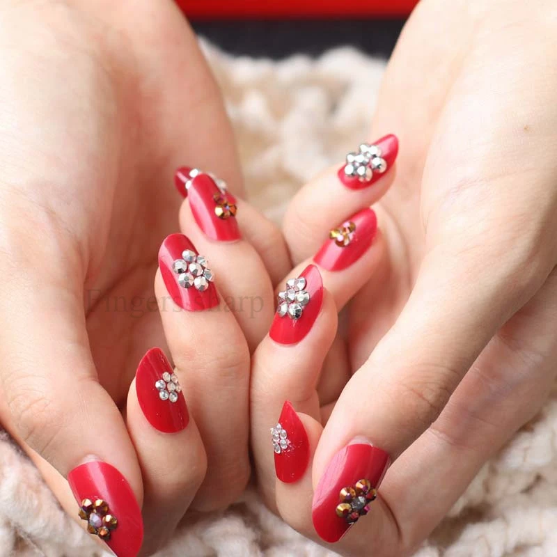 The latest popular full diamond crystal round head candy color handmade fake nails Rich red W15 | Красота и здоровье
