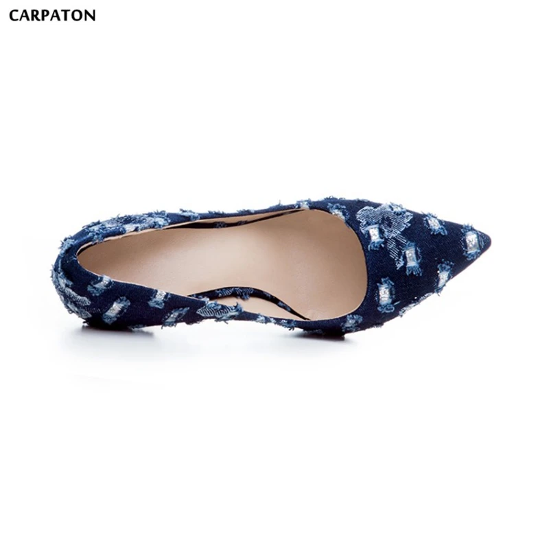 Carpaton/синие джинсовые туфли на высоком каблуке Вечерние модельные с острым носком