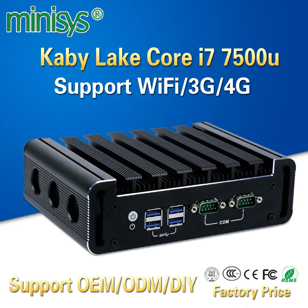 Minisys безвентиляторный промышленный компьютер Linux Intel Core i7 7500u 4 k Mini PC двухканальный