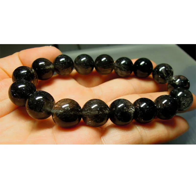

Free Shipping Genuine Natural Black Rutile Quartz Finished Stretch Men's Bracelet Round Big beads 12.5mm