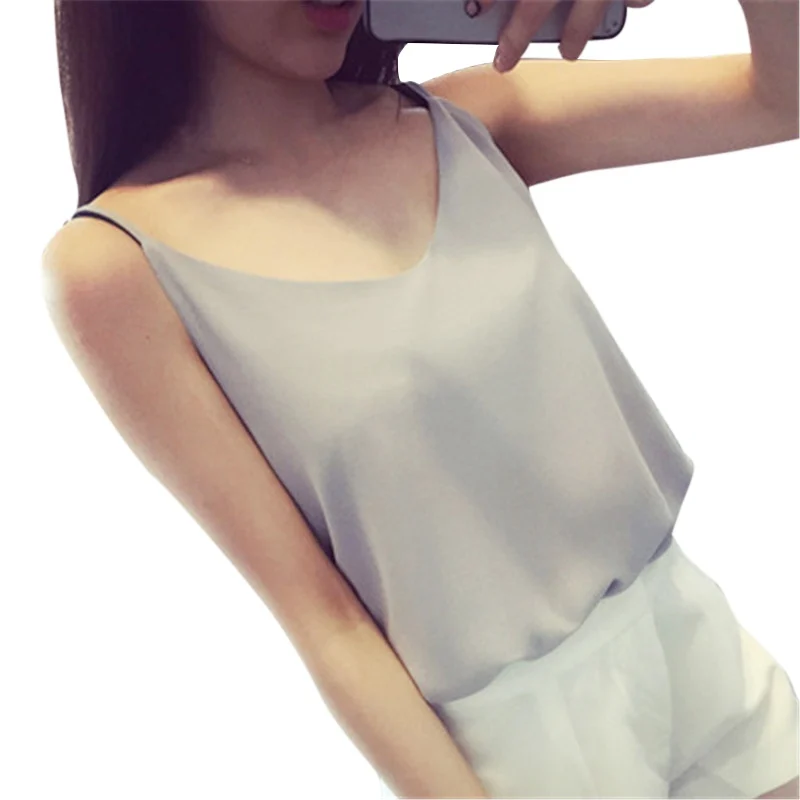 Летняя Новинка шифоновый топ на бретельках женская рубашка без рукавов с