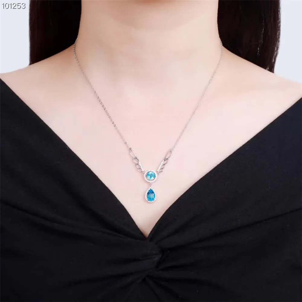 

hot sale fashionable simple-designed 925 sterling silver natural blue topaz gemstone jewelry pendant necklace for women