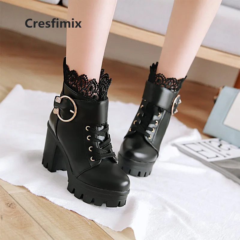 

Cresfimix botas femininas women fashion high quality pu leather black autumn high heel boots lady cool stylish white boots c3076