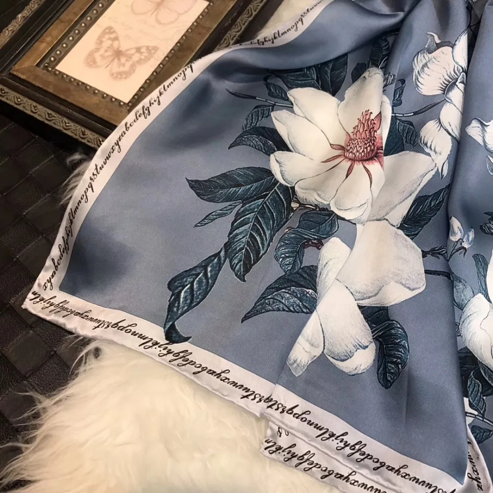 Женский шелковый шарф [BYSIFA] серый или синий длинный из 100% чистого шелка с принтом