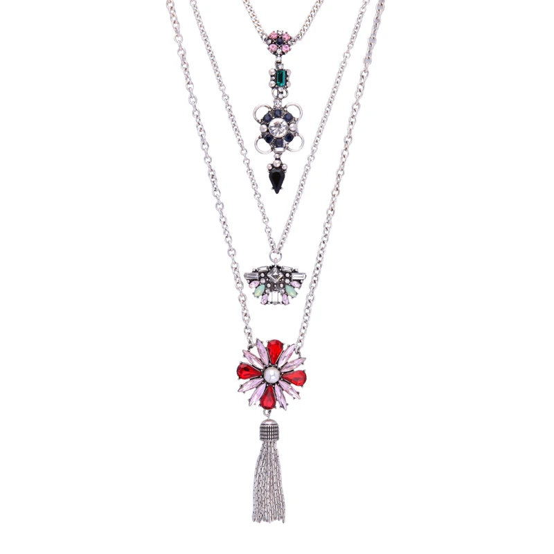 

Multi Silver Color Chain Colorful Flower Elegant Necklace Convertible Jewelry Tassel Pendant Long Necklace For Women Gift