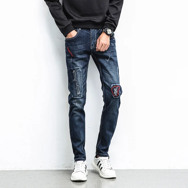 Новинка мужские джинсы стрейчевые потертые лоскутные повседневные ретро