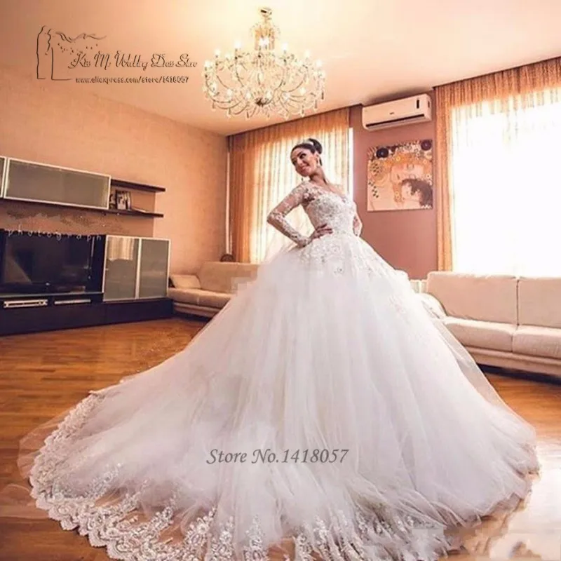 Vestido de Casamento, кружевное свадебное платье с длинным рукавом, Роскошные блестящие платья невесты, бальное платье принцессы, Пышные свадебные платья