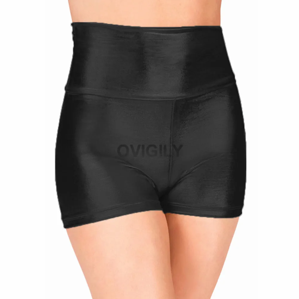 Black OVIGILY Женские королевские синие танцевальные шорты с высокой талией для взрослых металлические гимнастические шорты золотые рейв попой шорты черные Cheer шорты - Цвет: Black