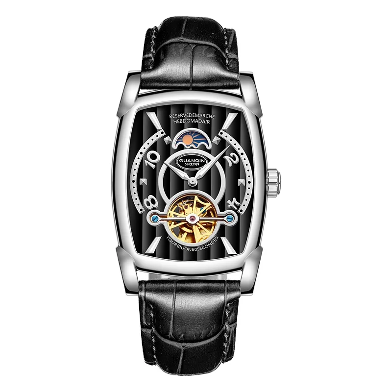 Часы скелетоны GUANQIN модные автоматические часы Tourbillon Мужские светящиеся кожаные