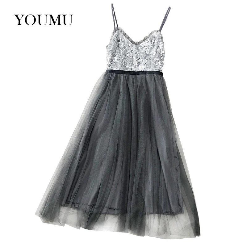 Женское платье с блестками и ремешками без рукавов Сетчатое многослойное