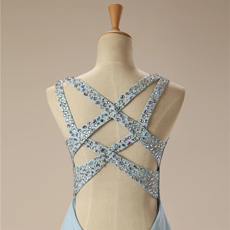 

Blue Prom Dresses A-line V-neck Chiffon Beaded Crystals Backless Party Maxys Long Prom Gown Evening Dresses Robe De Soiree