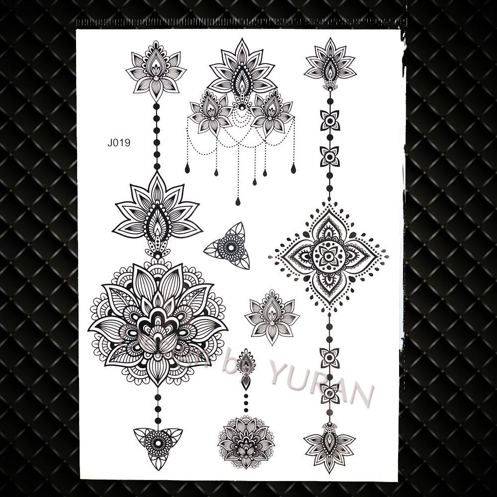 GBJ019 Черный серьги Henna Mandala цветок хны Племенной временная татуировка цепи КИТ Для женщин девочек татуировки золотого и серебряного кружева Водонепроницаемый поддельная татуировка на руку Saturna - Цвет: GBJ019