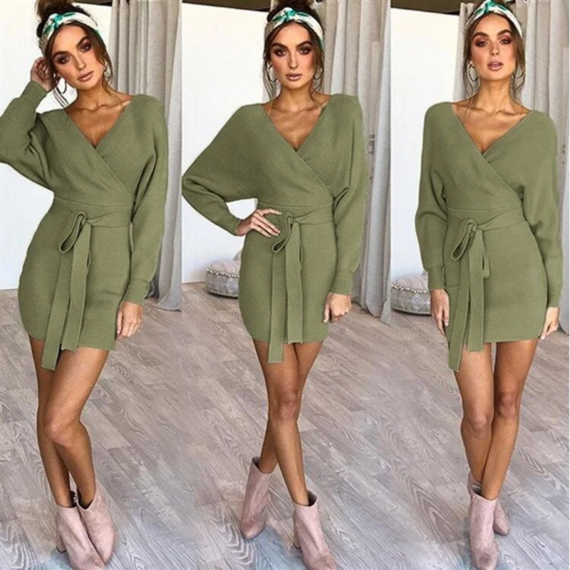 Женское платье 2019 трикотажное мини весеннее женское сексуальное зеленое свитер