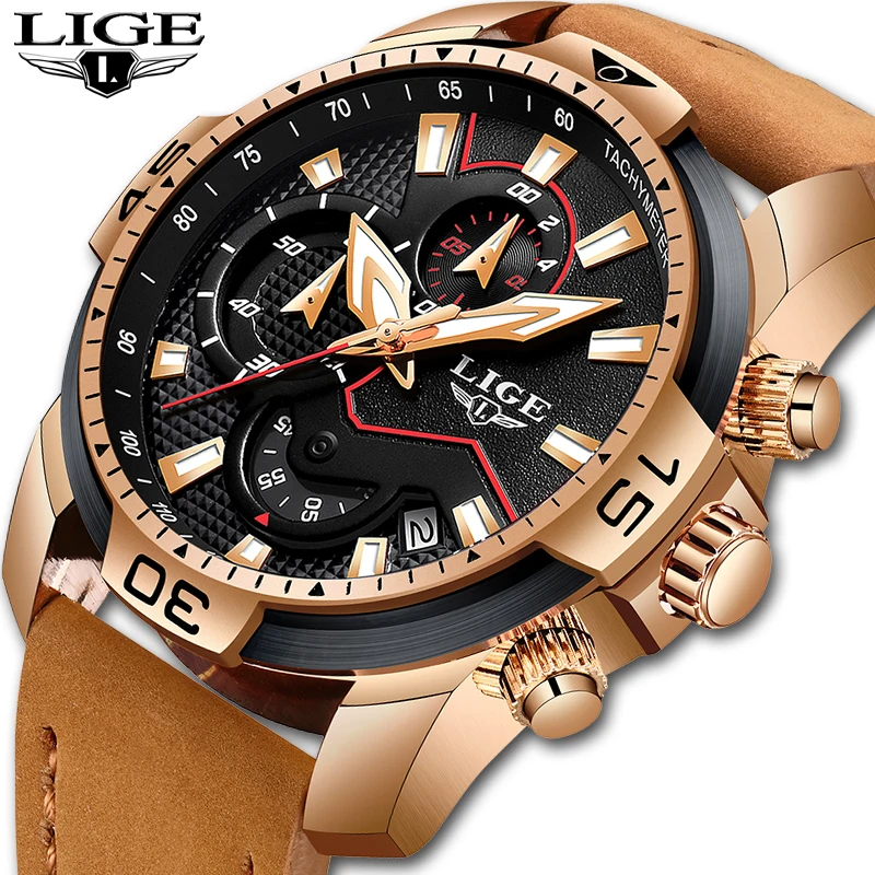 Часы наручные LIGE мужские с хронографом брендовые Роскошные водонепроницаемые