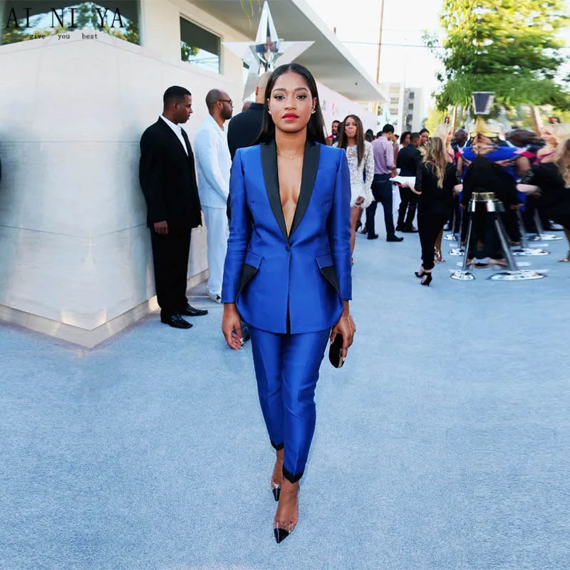 Тёмно синие зауженные женские Элегантный брючный костюм с черным воротником