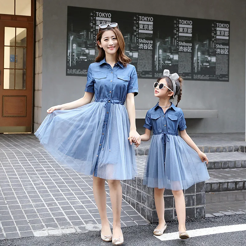 Одежда WLG для всей семьи платья мамы и дочки джинсовое синее Сетчатое лоскутное