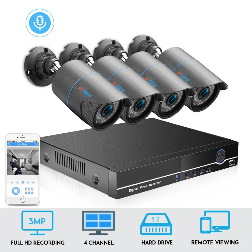 BESDER H.265 4CH 48V POE NVR Kit Система видеонаблюдения 3.0MP цилиндрическая IP камера P2P IR IP66