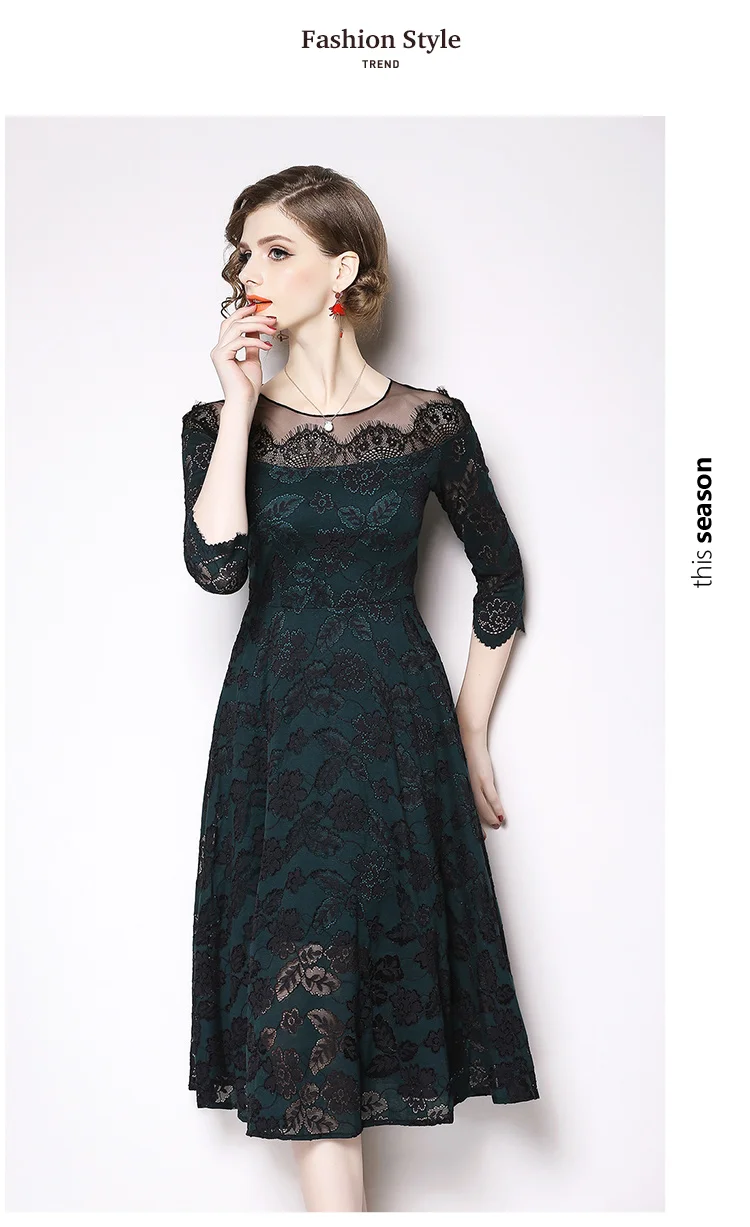 Весеннее темно-зеленое винтажное платье миди, ropa mujer Invierno, Ретро стиль, Подиумные вечерние платья, Sukienka damsk Vestiti Donna K6626