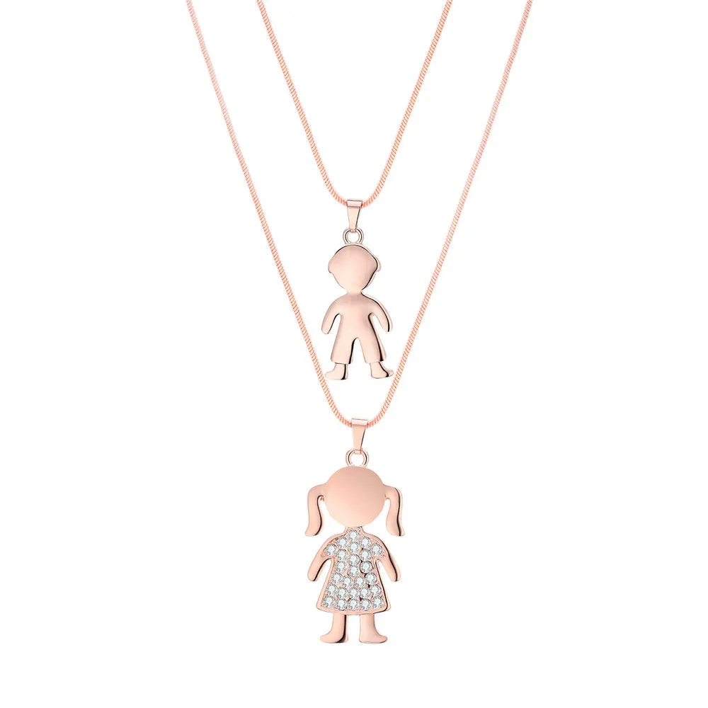 Rose Gold Color Двухслойное ожерелье с подвеской в виде цепочки для мальчиков и девочек, женское золотое серебряное ожерелье со стразами, ювелирные изделия для семьи, новинка года - Окраска металла: Rose Gold Color