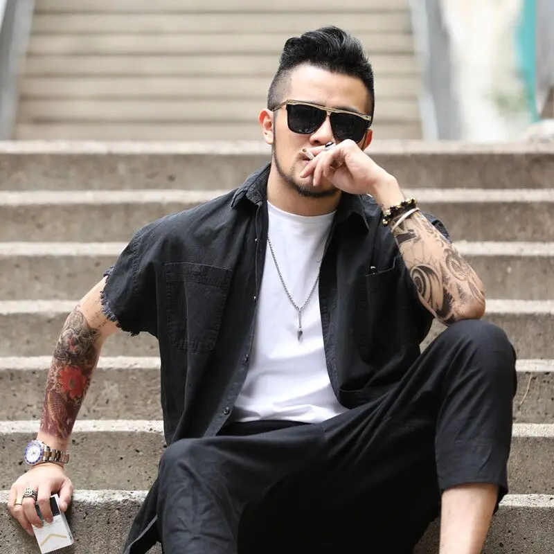 Мужская джинсовая рубашка без рукавов Повседневная ковбойская из денима модель