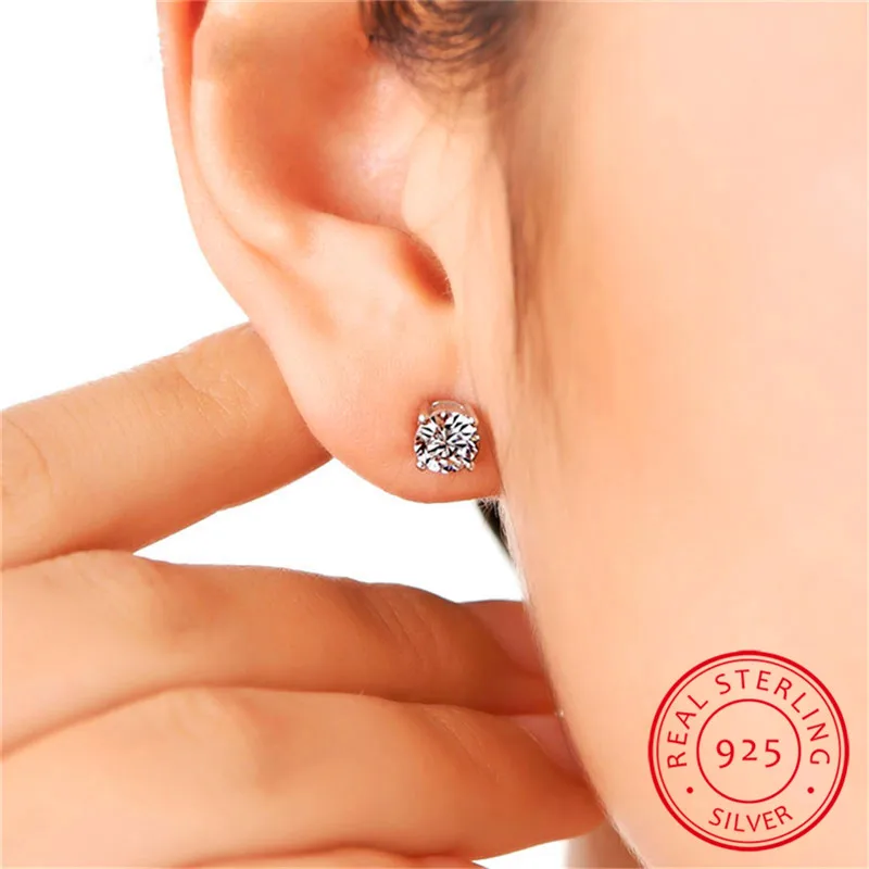 White Earrings JUNXIN Настоящее Серебро s925 пробы круглые серьги-гвоздики для женщин мужчин черный зеленый синий желтый розовый фиолетовый циркон серьги «Радуга» - Окраска металла: White Earrings
