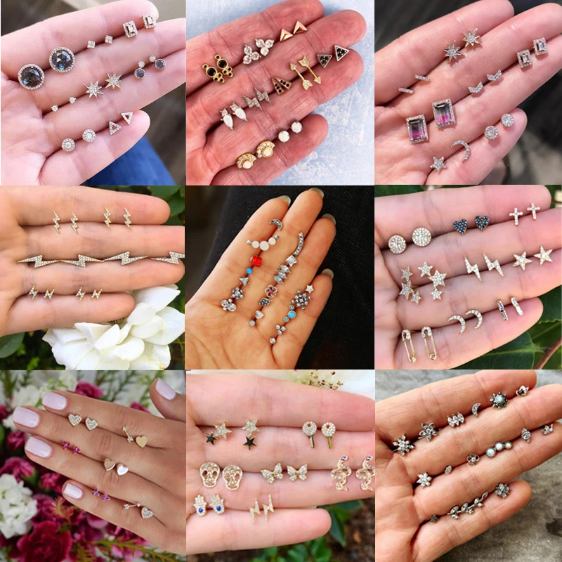 9 пар Хрустальный пирсинг в богемном стиле с Луной и звездой серьги гвоздики