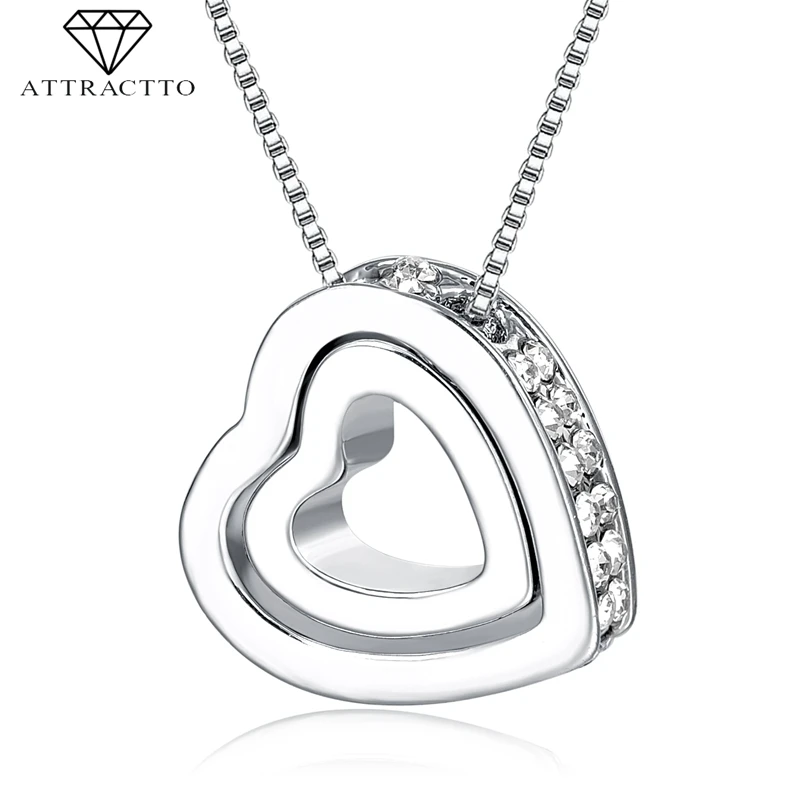 Модное ожерелье с двойным сердцем из хрусталя ATTRACTTO подвески женские серебряные