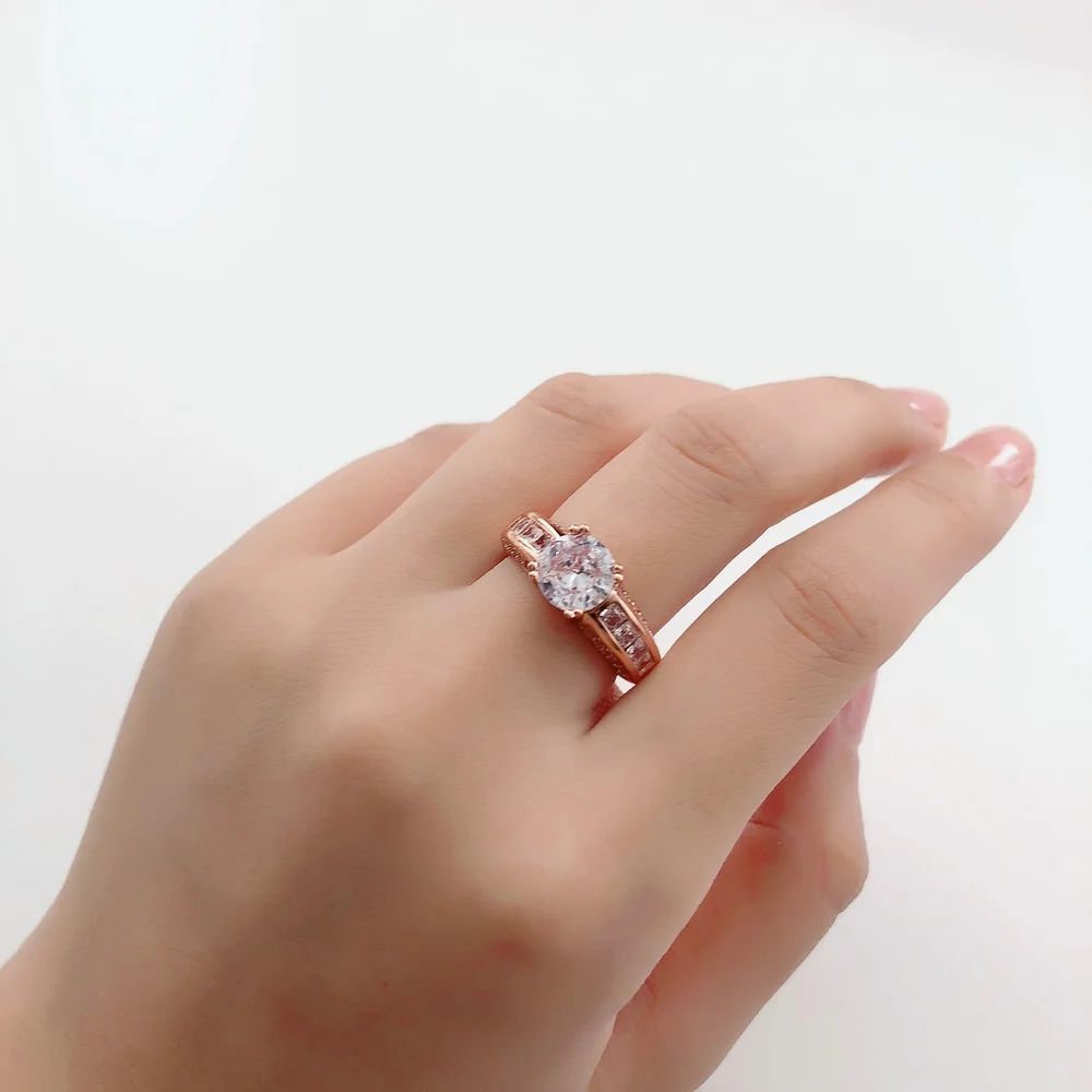 Фото Женские кольца с камнями Double Fair, модные кольца из розового золота с кристаллами для пар, DFR036 №2