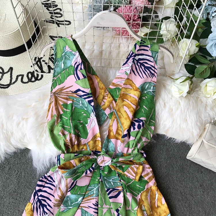 Пляжный Boho короткий женский летний комбинезон с открытой спиной и v-образным вырезом без рукавов комбинезон корейский цветочный принт плюс размер женский комбинезон
