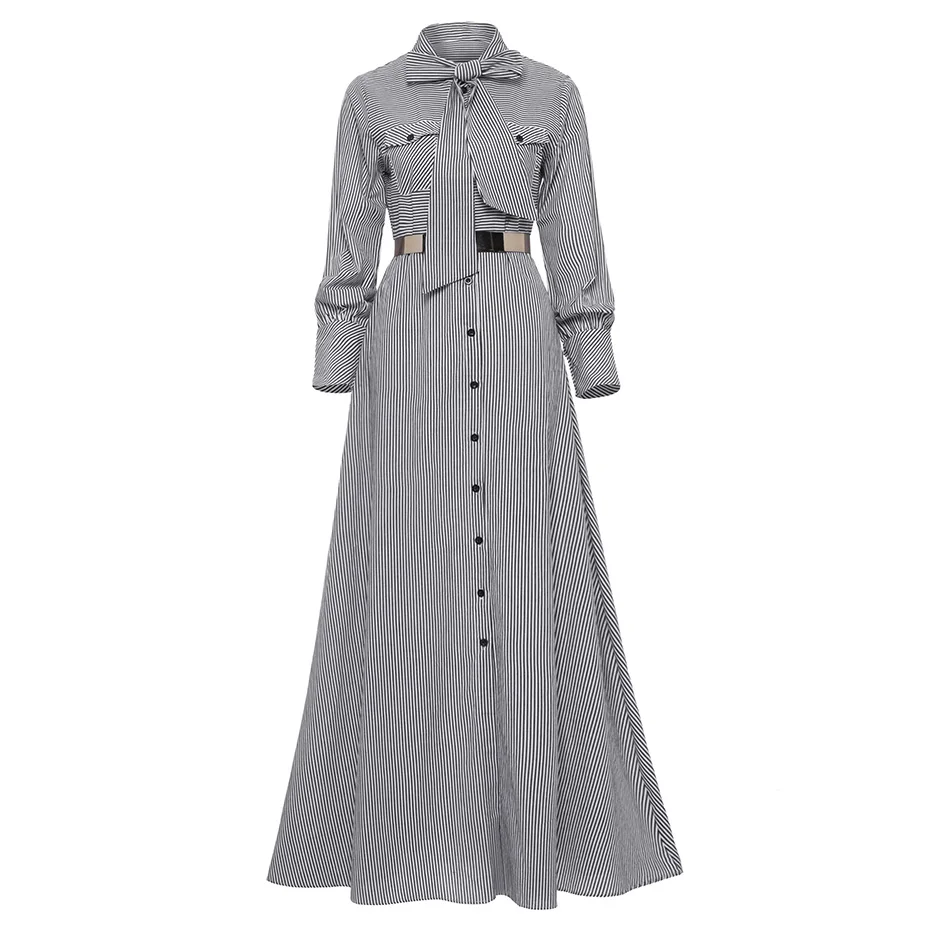 Женское длинное платье в полоску элегантное осеннее пол с бантом и длинным