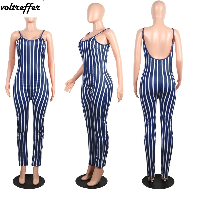 2018 Летний стиль полосатый Печатный Облегающий комбинезон для женщин с открытой