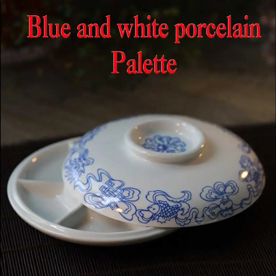 Chinese Blue and white porcelain palette Ceramics Painting Calligraphy circular Palette Art Supplies Set Best Gift