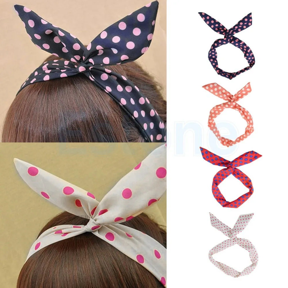 

Lovely Dot Rabbit Bunny Ear Ribbon Metal Wire Headband Scarf Hair Bow Head Band