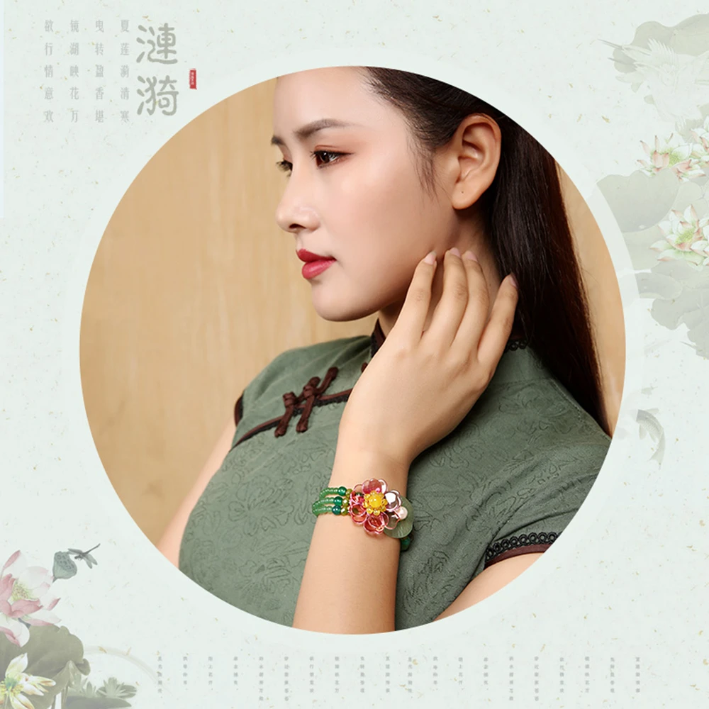 

Ethnic Charm Bracelets Rope Chain Colored Glass Flower Green Stone J ade Zinc Alloy Woman Jewelry Female Accessories SL-190101